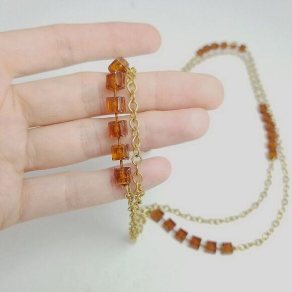Vintage Long Chain, Mix Pattern Design, Retro Orange and Gold Tone, Estate - Picture 2 of 4
